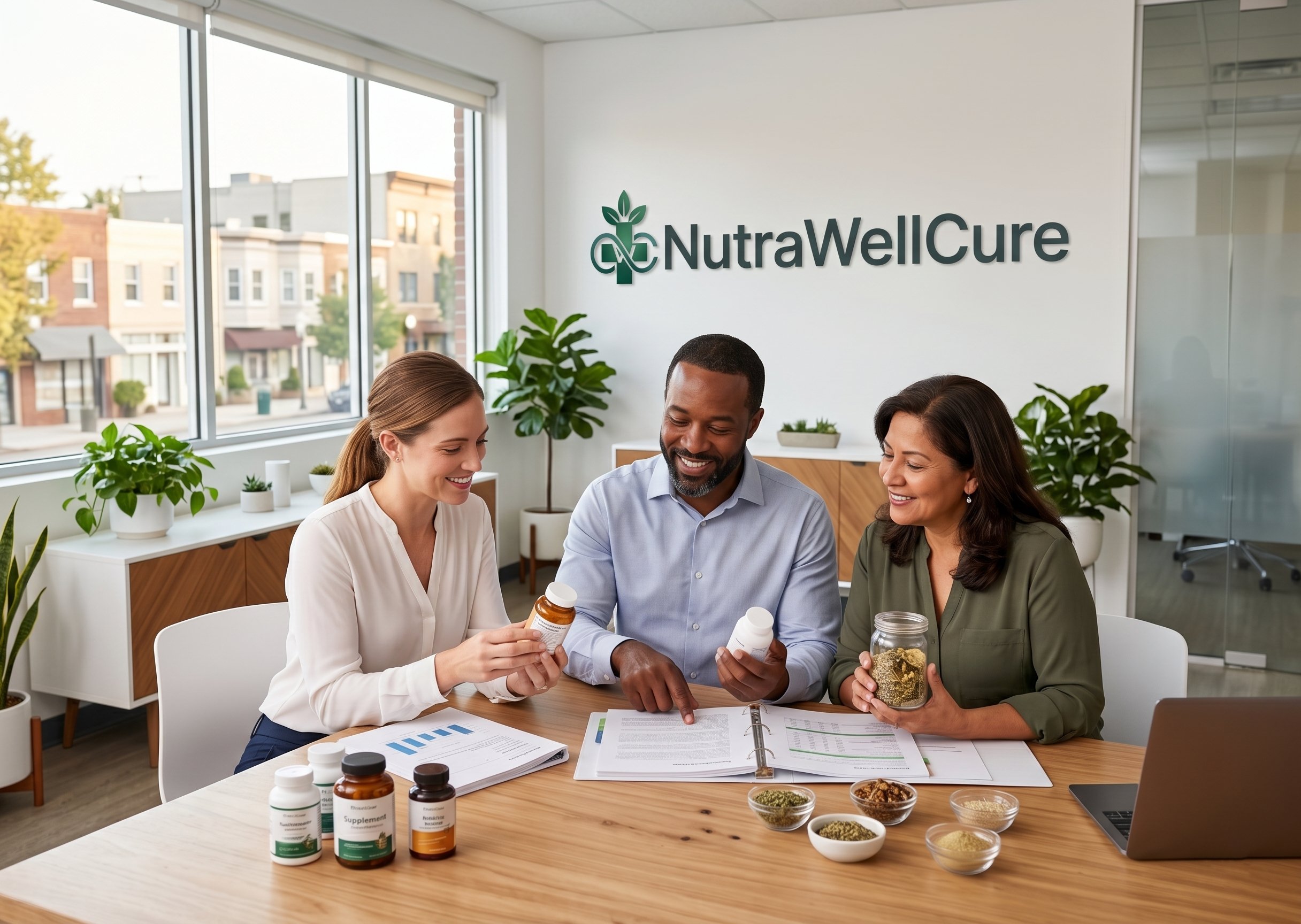 Natural supplement bottles and herbs